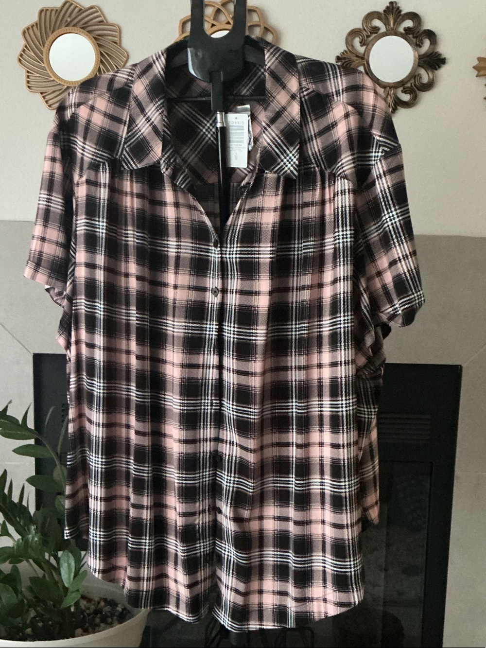 torrid Pink and Black Plaid Short-Sleeve Button-Down Shirt